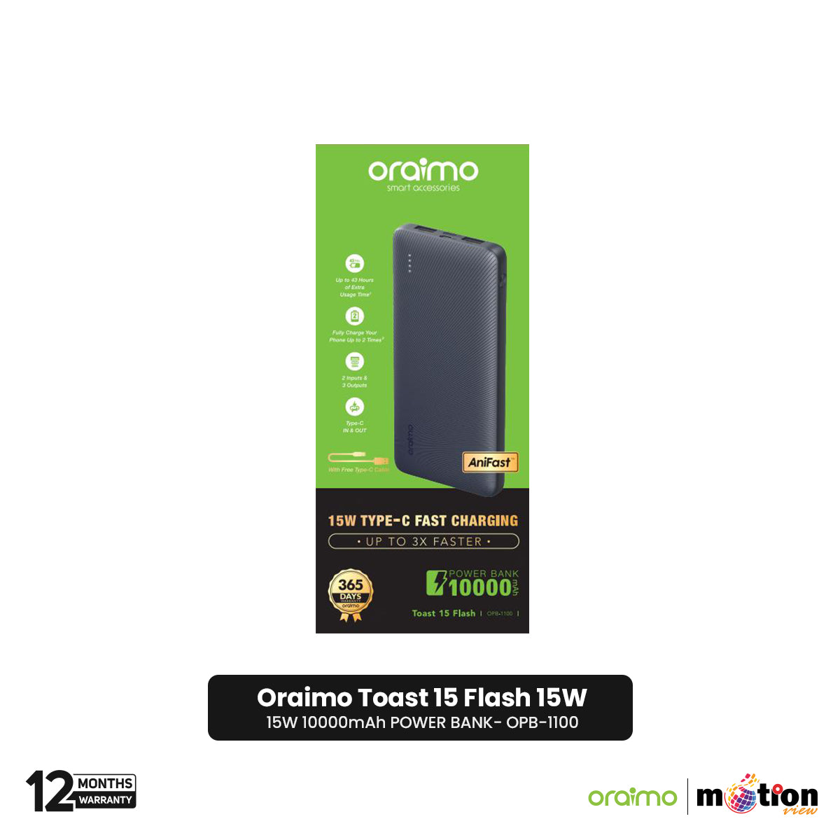 Oraimo 15W 10000mAh Power Bank Type C (OPB-1100) - Black - Default Title