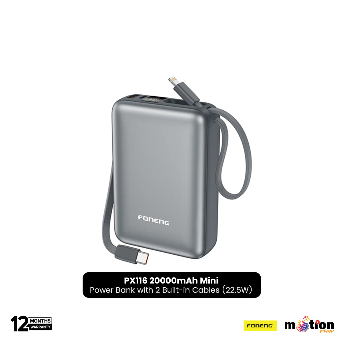 FONENG PX116 20000mAh Mini 22.5W Power Bank with 2 Built-in Cables- Dark Gray - Default Title