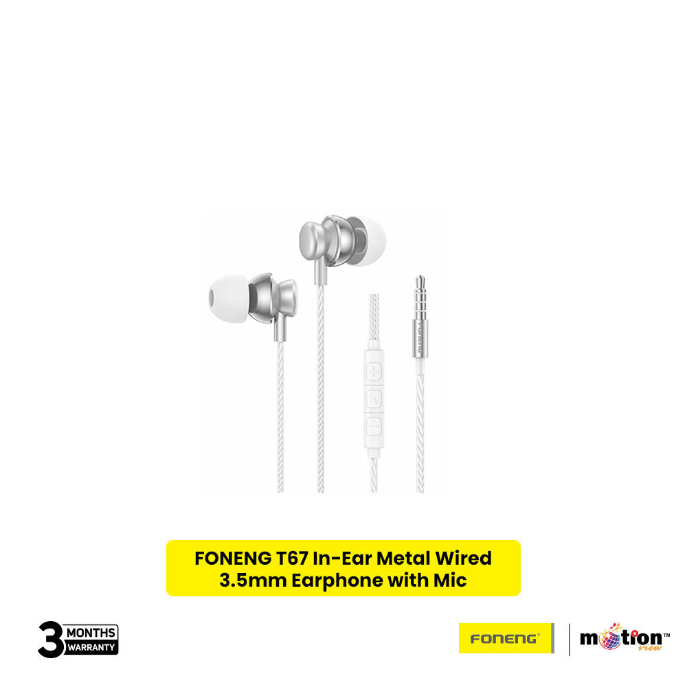 FONENG T67 In-Ear Metal Wired 3.5mm Earphone with Mic - White