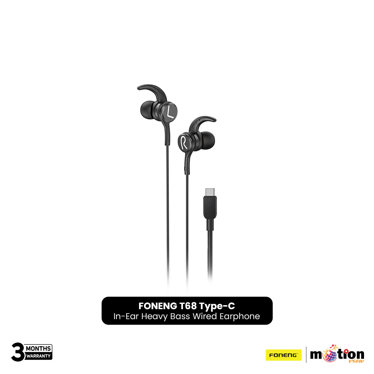 FONENG T68 In-Ear Type-C Heavy Bass Gaming Wired Earphone- Black - Default Title