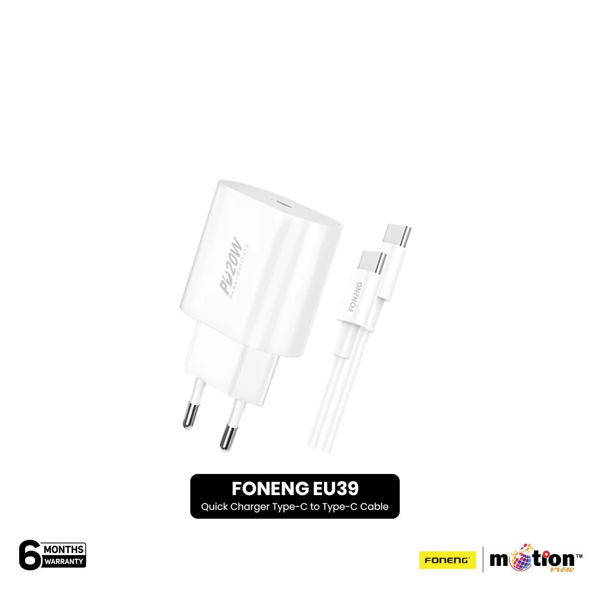 FONENG EU39 PD 20W Quick Charger With Type-C to Type-C Cable- White - Default Title