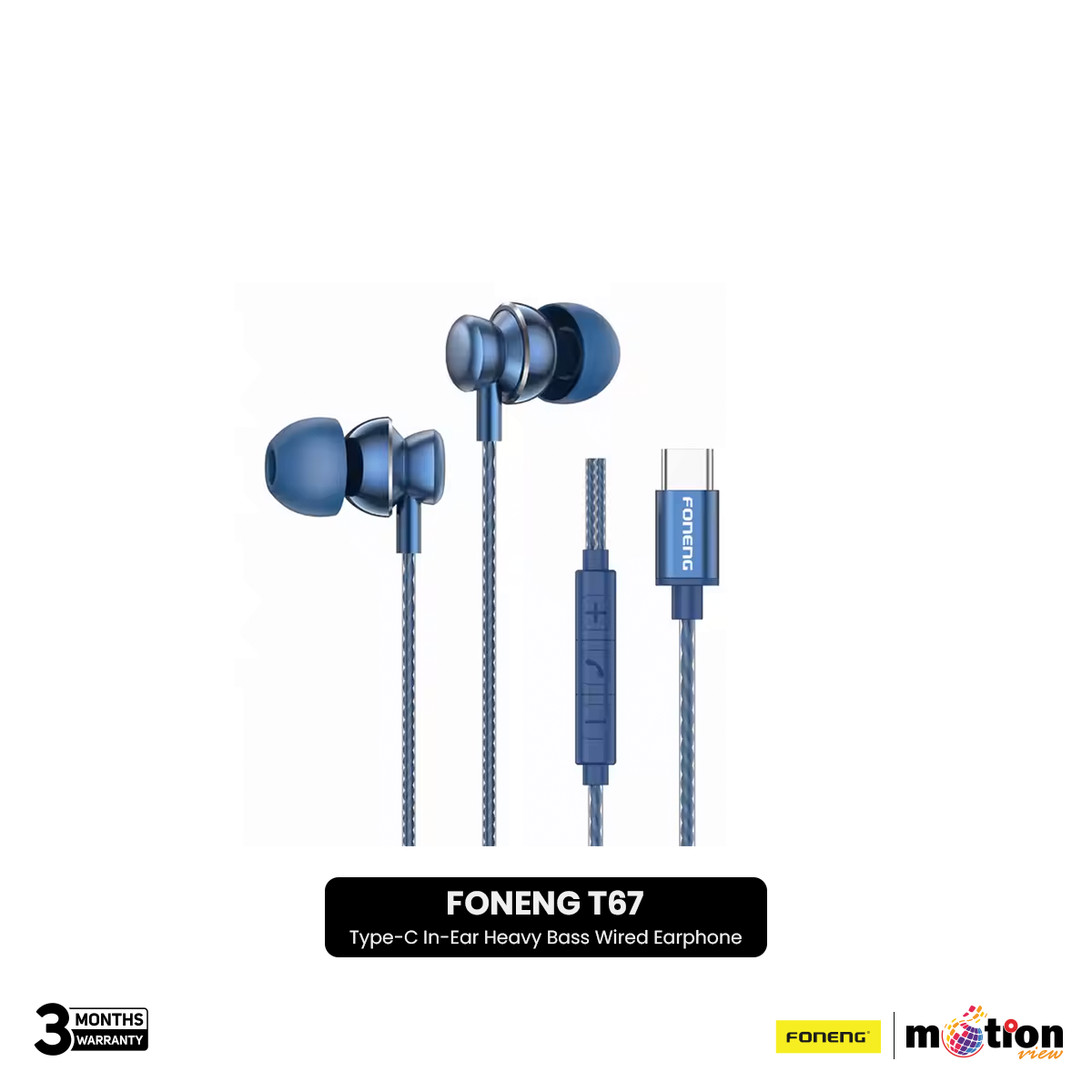 FONENG T67 Type-C In-Ear Heavy Bass Wired Earphone - Blue