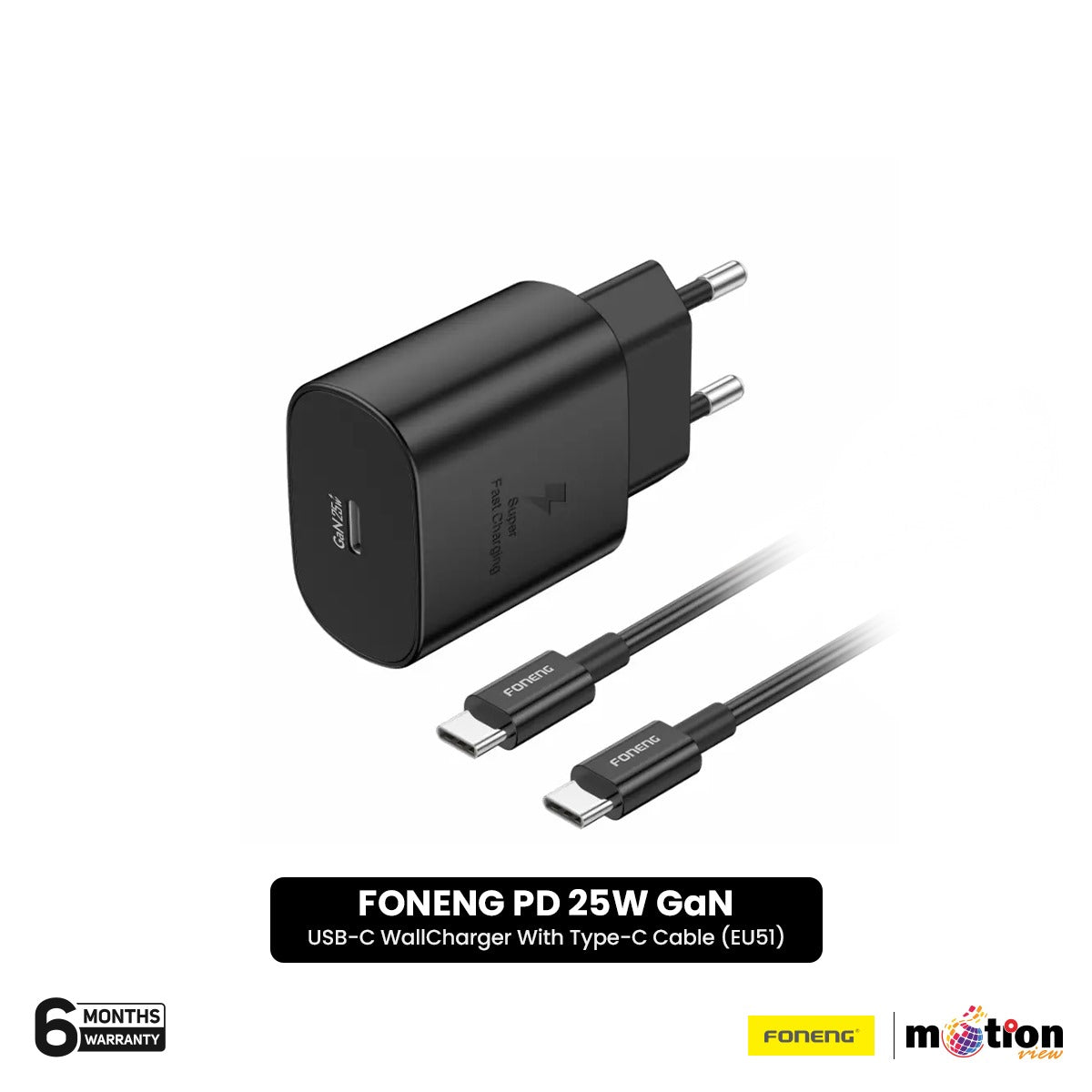FONENG PD 25W GaN USB-C Wall Charger With Type-C Cable (EU51) Black - Default Title