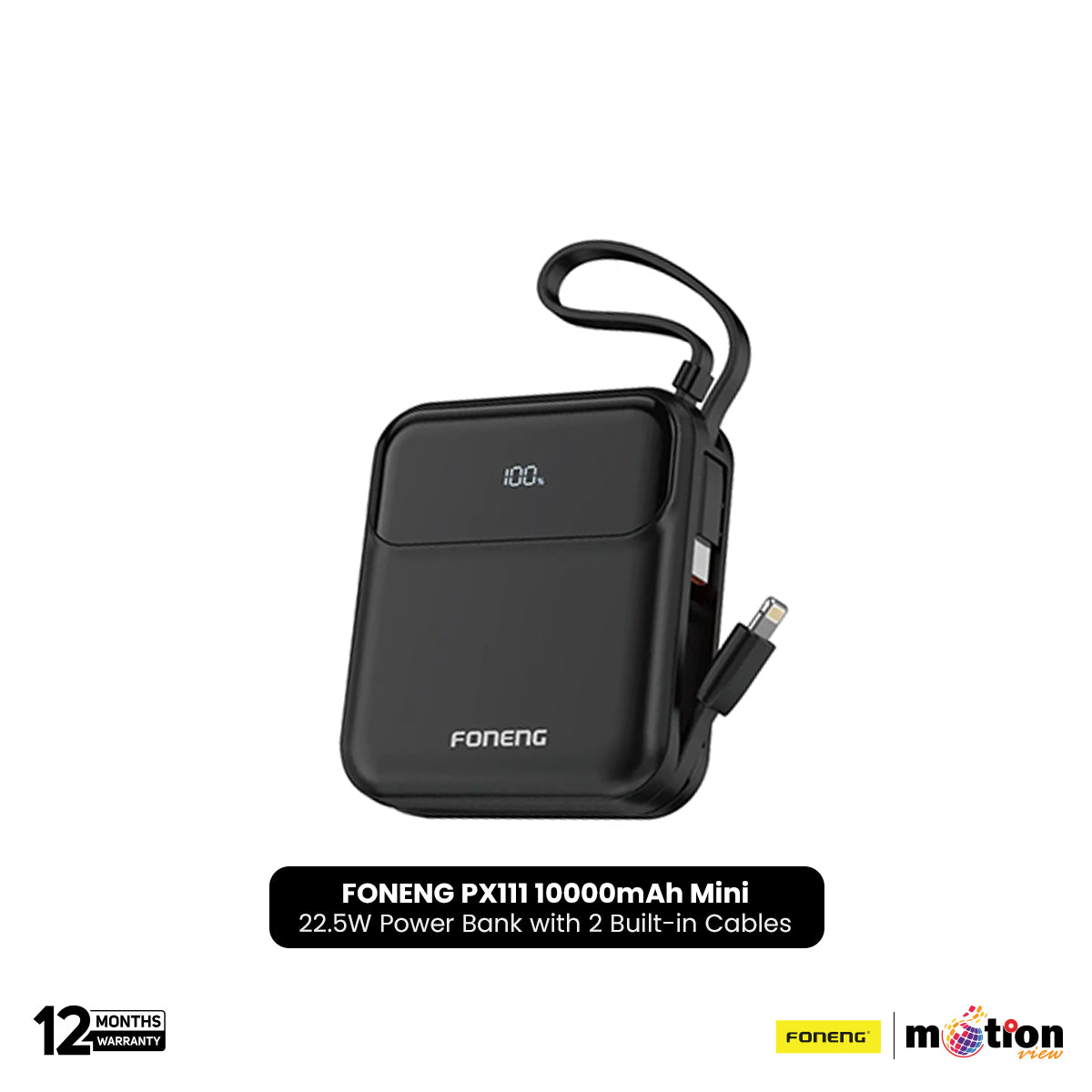 FONENG PX111 10000mAh Mini 22.5W Power Bank with 2 Built-in Cables- Black - Default Title