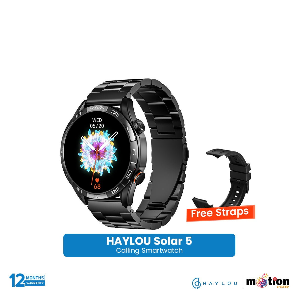 Haylou Solar 5 1.58" AMOLED Display BT Calling Smart Watch ( Metallic + Silicone ) Strap - Black