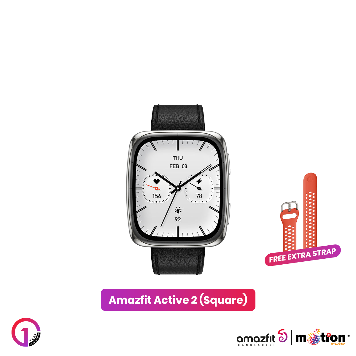 Amazfit Active 2(Square) 1.32inch Smartwatch (Premium) Dual Strap(Leather + Silicone) - Default Title