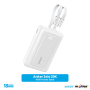 Anker Zolo 20000mAh 45W Power Bank with Built-in USB-C Cables - White