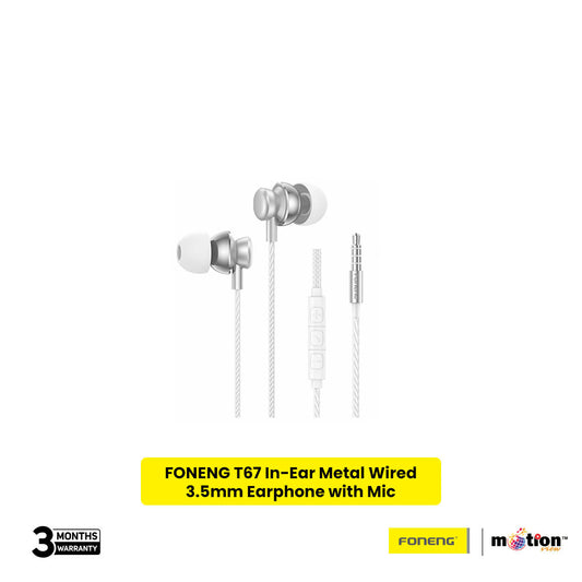 FONENG T67 In-Ear Metal Wired 3.5mm Earphone with Mic - White