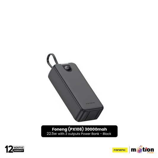 Foneng (PX108) 30000mah 22.5w Fast Charging Portable Power Bank with Built-In 3 Cables- Black - Default Title