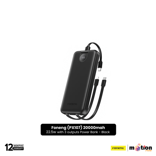 Foneng (PX107) 20000mah 22.5w Fast Charging Portable Power Bank with Built-In 3 Cables- Black - Default Title