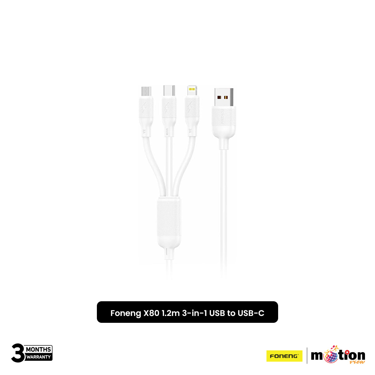 Foneng (X80) 100W 1.2M 3 in1 USB to USB-C / Lightning / Micro USB Cable - Default Title