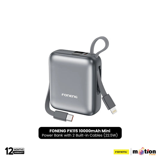 FONENG PX115 10000mAh Mini 22.5W Power Bank with 2 Built-in Cables- Dark Gray - Default Title