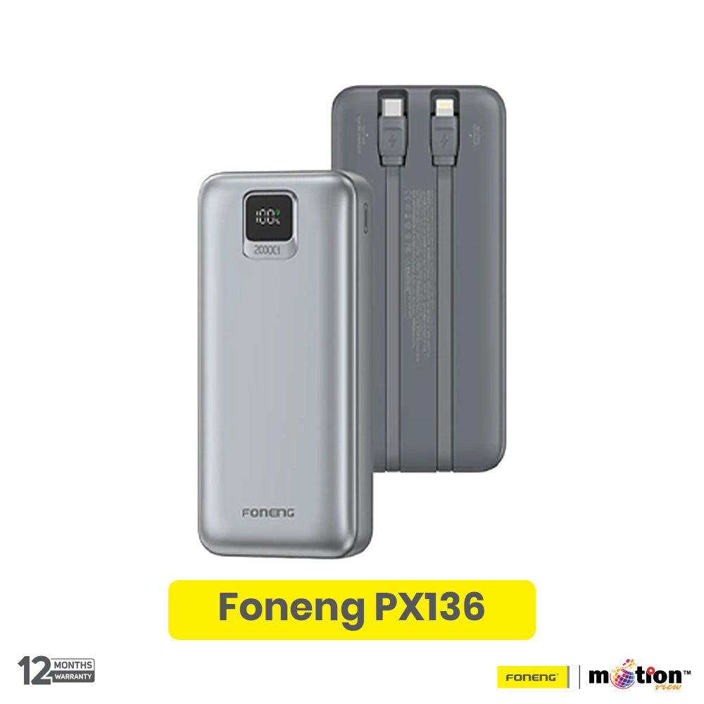 FONENG (PX136) 20000mah 22.5w Fast Charging Power Bank with Built-In 2 Cables - Silver