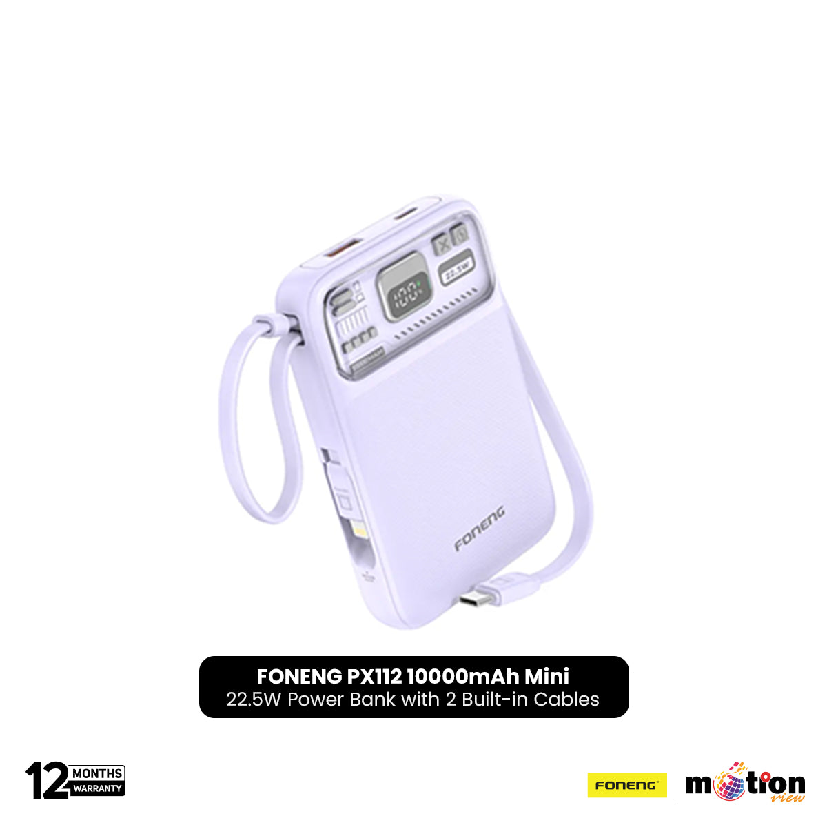 FONENG PX112 10000mAh Mini 22.5W Magnetic Wireless Power Bank with 2 Built-in Cables - Purple