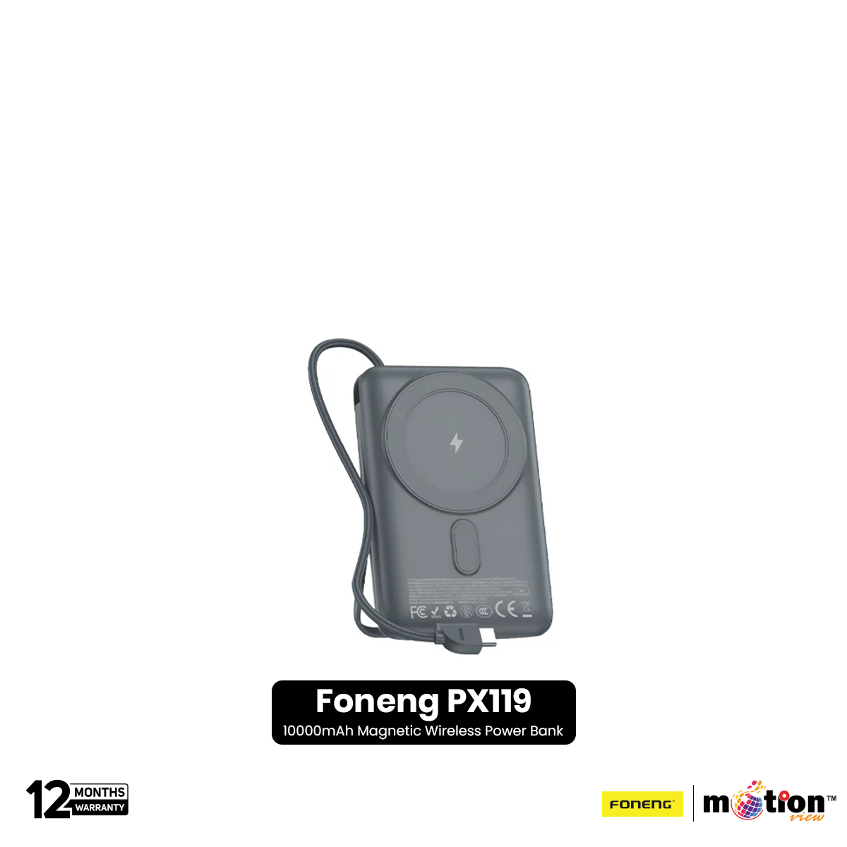 Foneng (PX119) 10000mAh Magnetic Wireless Power Bank with Built-in Cables (22.5W) - Grey